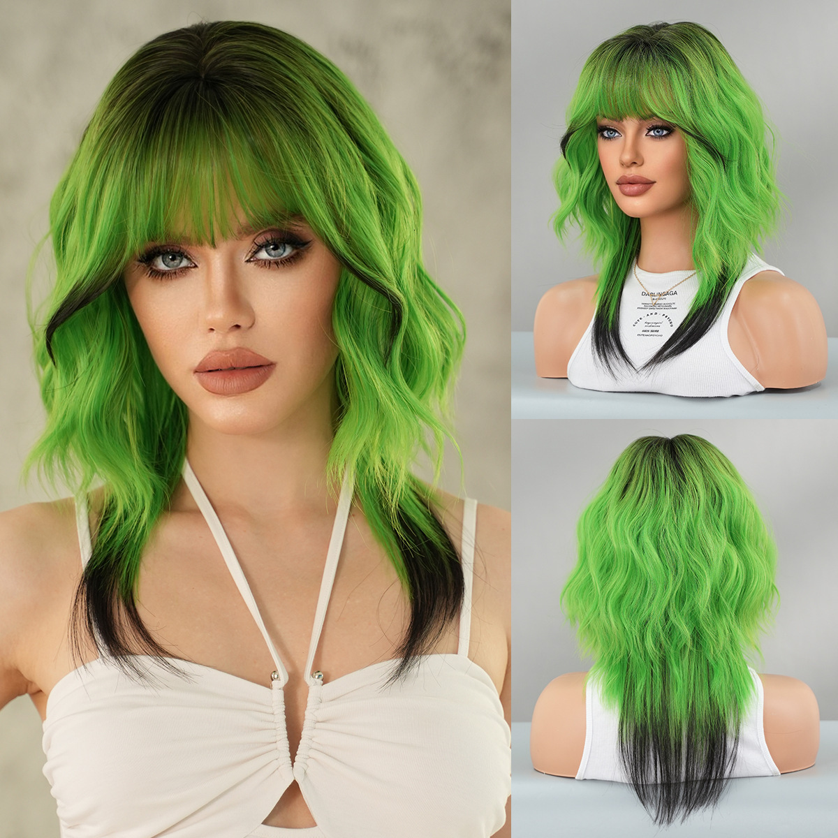 red Green orange colored wolf tail wig fashionable shoulder length womens curly hair synthetic high-temperature silk wig
