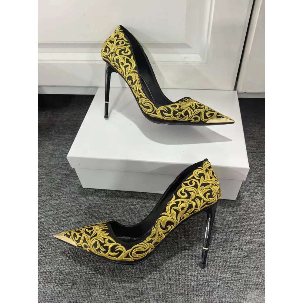 Designer Brand Embroidery Golden Pump Women Heels Metal Stiletto Black Sandals Fashion Girls Party Evening Shoes