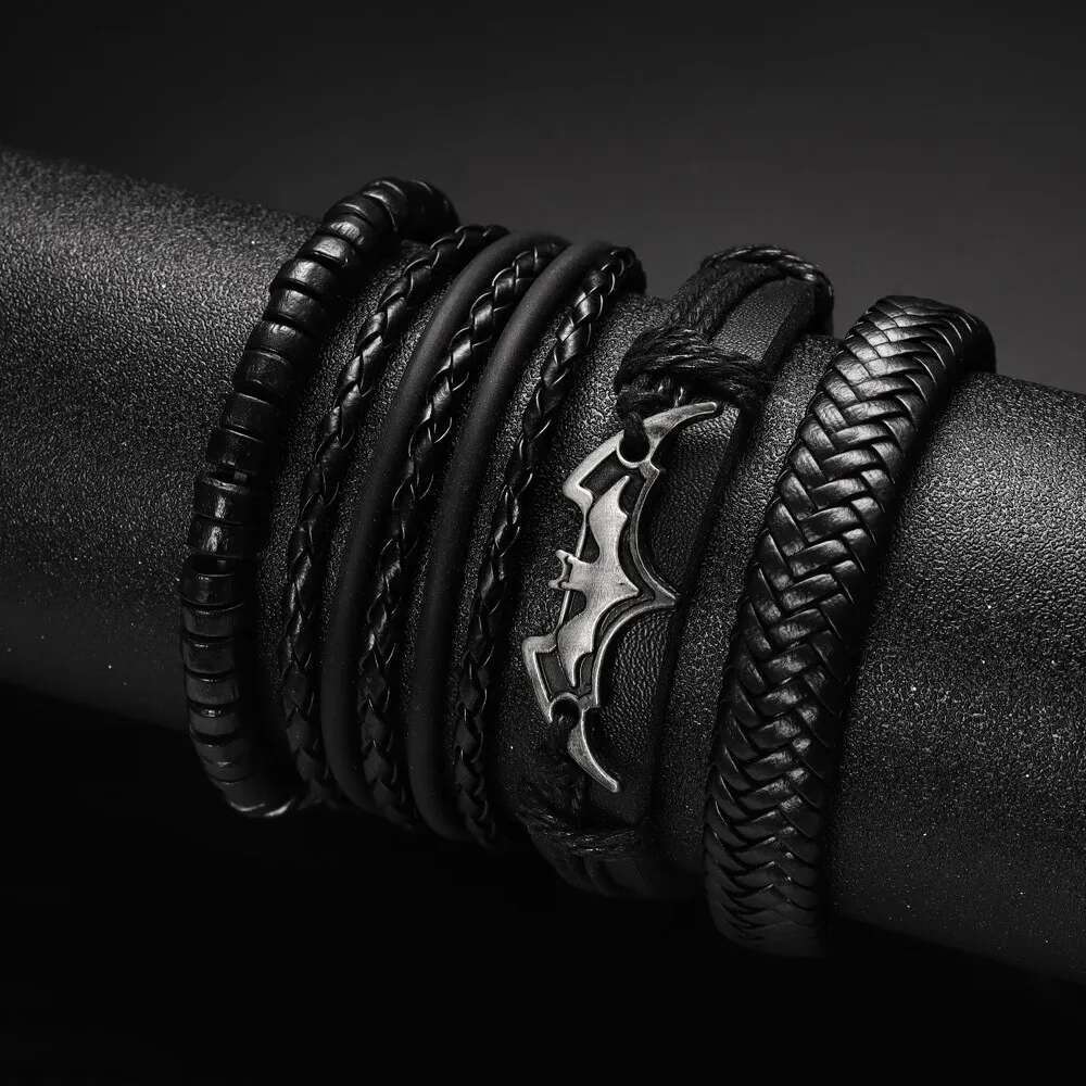 4Pcs/Set Leather Beaded Black Bat Charming Men's Bracelet New Fashion Hip Hop Punk Accessories Jewelry Gift Wholesale