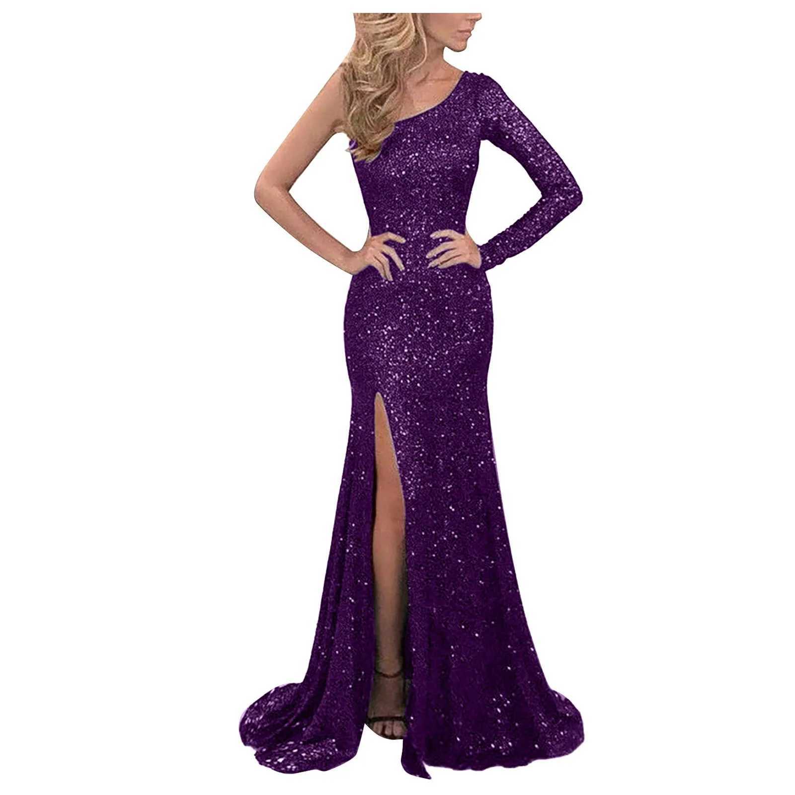 Elegant womens sexy solid color long sleeved single shoulder sequin ultra-thin wedding evening dance slotted long dress vest W250430