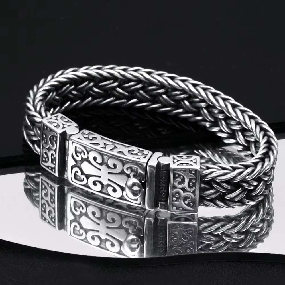 S925 Sterling Silver Wide Woven Bracelet Mens Vintage Large Buckle Pattern Punk Hip Hop Bracelet Jewelry