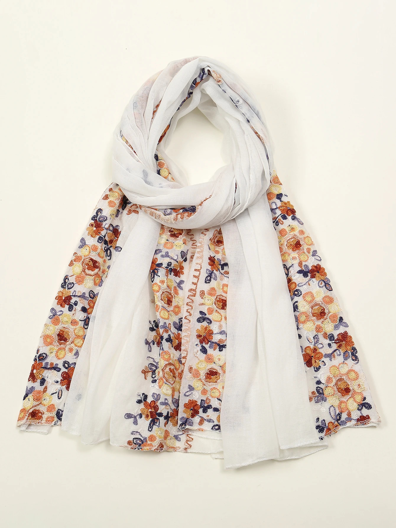 Soft Cotton Hijab Scarf Embroidery Floral Shawls For Women Muslim Solid Pashmina Autumn Wraps Headband 180*90cm 250430