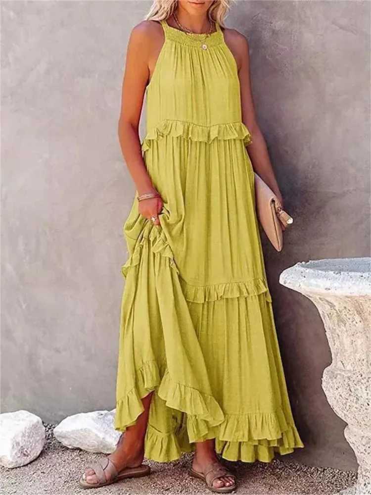 Womens Spring/Summer New Collection Solid Color Vacation Style Fashion Ruffle Long Leather Display Beach Skiing W250430