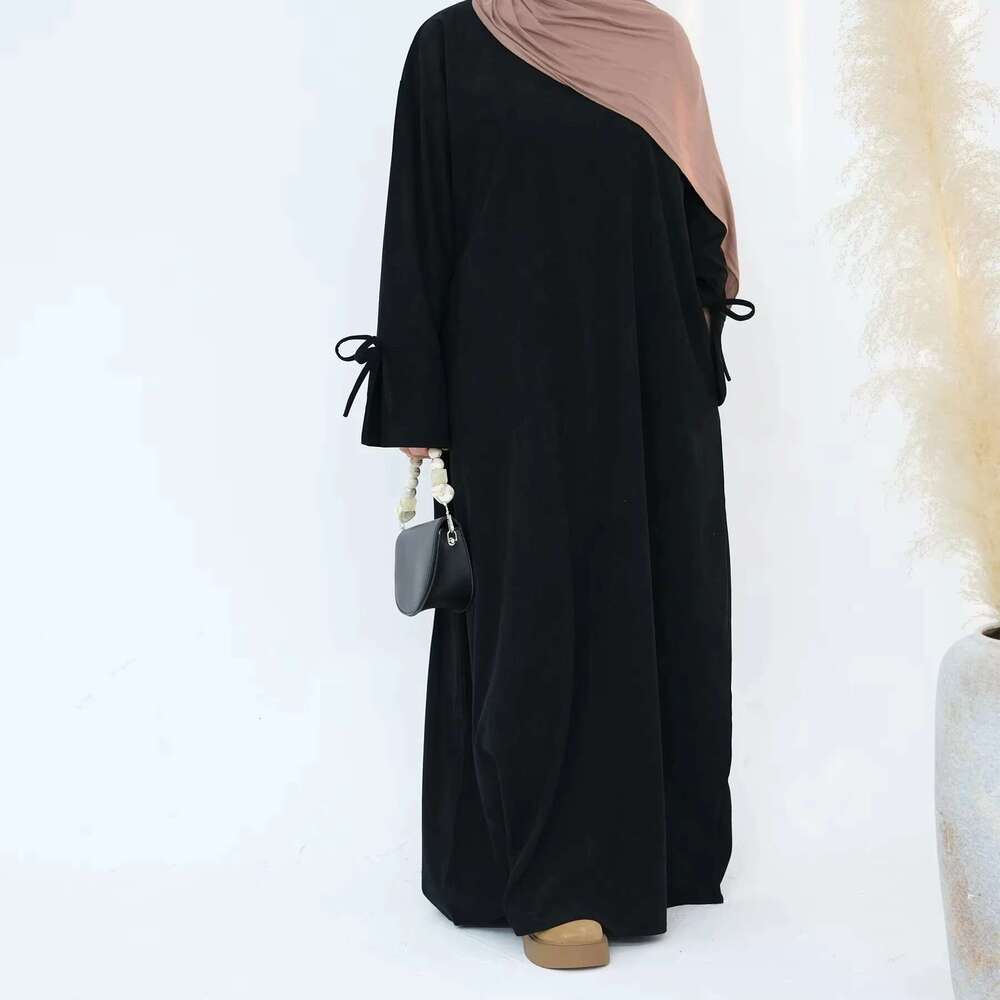 Winter Corduroy Bow Knot Sleeve Muslim Dress Modest Clothing Women Abaya Femmes Robe Musulmane Robes Prayer Clothes