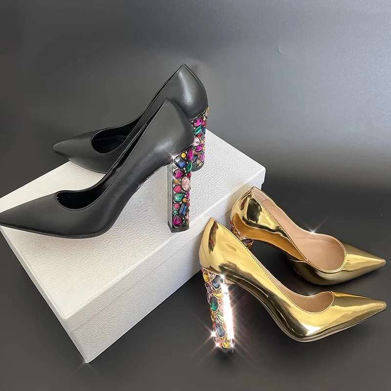 Brand Designer Rhinestone Pointed Toe Thick Heel Sandals Gold High Heels Sexy Casual Shoes Women