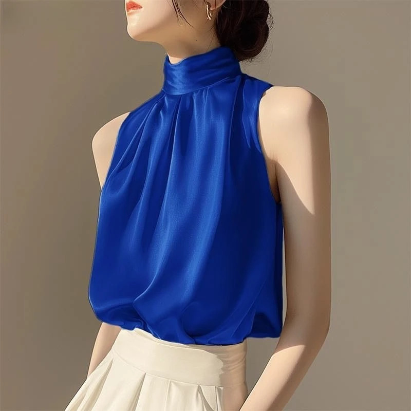 2025 Silk Satin Sleeveless Crop Top Summer Half Turtle Collar Womens Folded Tshirt Sleeve Vest Loose Shirt Red Party 250422