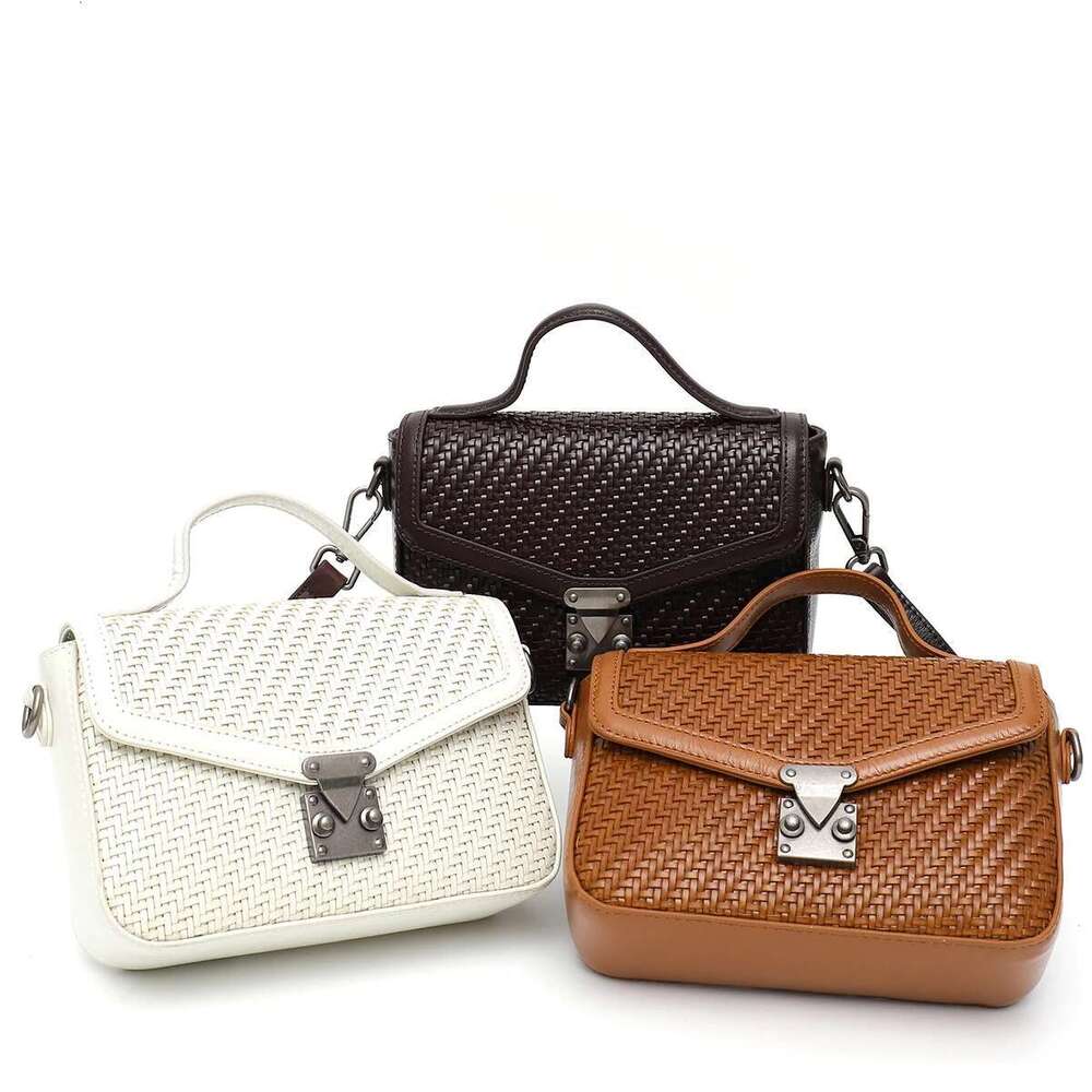 Women Handmade Woven Leather Messenger Bag Vintage Lock Flap Top-handle Square Purse Small Portable Cross body Shoulder Handbag