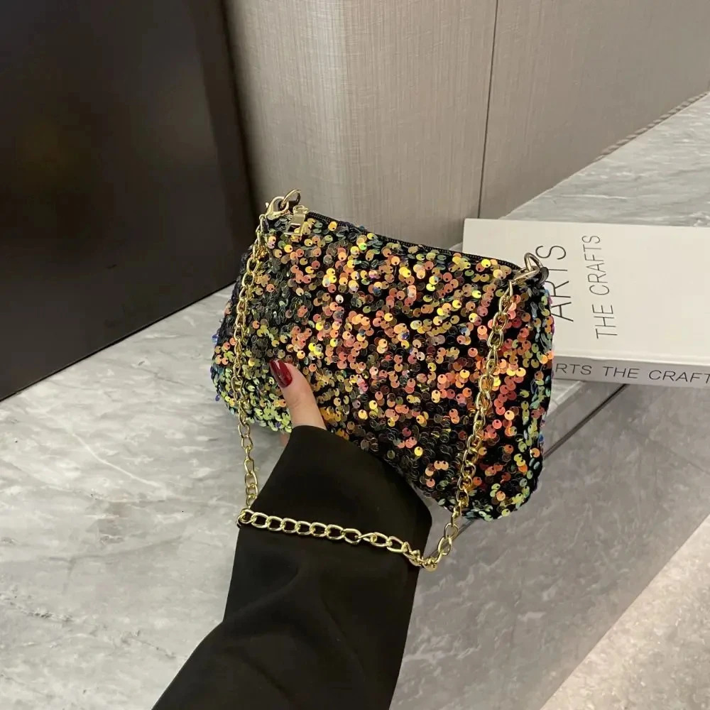Solid color sequin cross body bag simple chain INS small square bag handbag armpit bag night clutch bag 250425