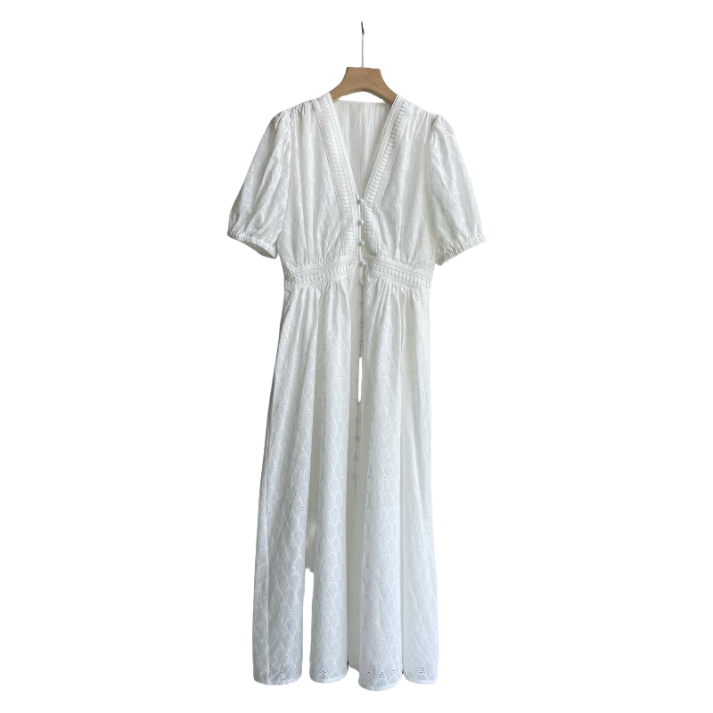 2025 Pearl white hollow embroidered dress Fashion Week Show Customized Fashion Tailored clothing womens Fashion Paris.M391