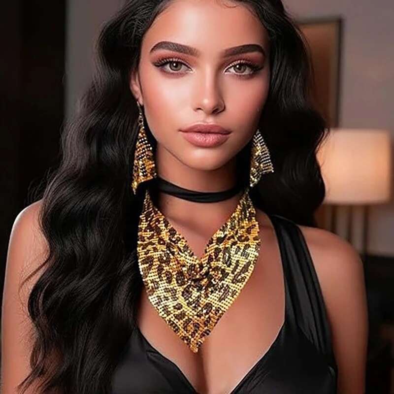 3Pcs Women Leopard Necklace + Earring Fashion Sexy Bright Beads Triangle Scarf Collarbone Chain Earrings Jewelry Set