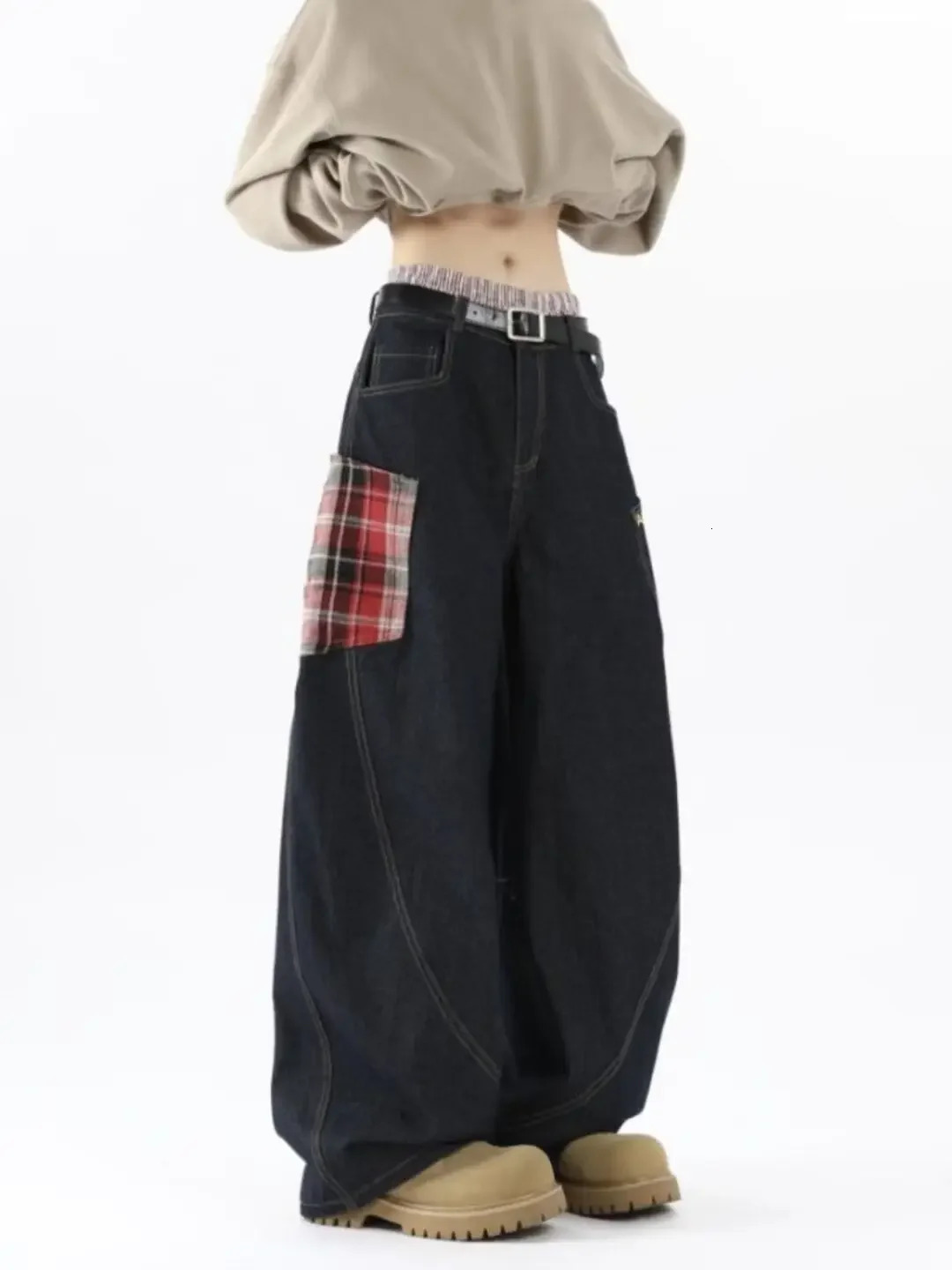 American style patchwork plain wash pants for women retro wide leg high waist pocket jeans for women hip-hop jeans for women 250423