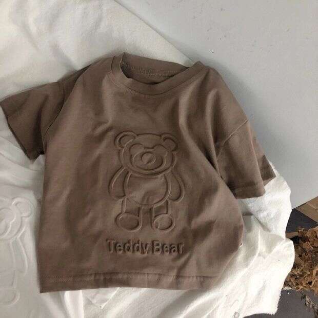 Boys T-Shirt, Printed Teddy Bear, Children's Three-Dimensional Soft Cotton, Summer Short Sleeved T-Shirt, Girls And Babies Casual Top, Bottom Lay