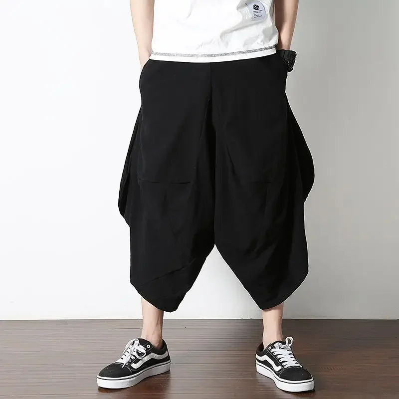 Mens casual linen pants loose in Chinese style suitable for flowers fashionable in summer retro low waist wide leg pants 250427