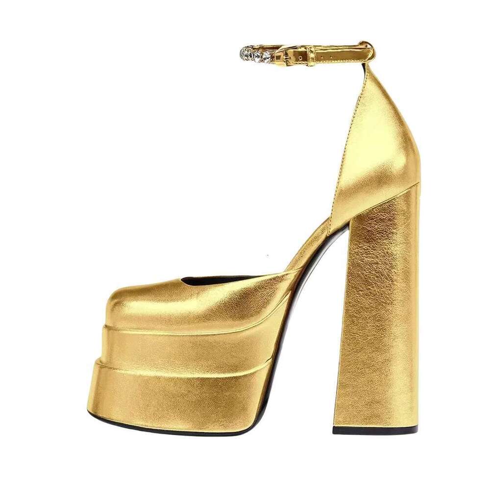 Square Toe Heel Platform Ankle Strap Solid Color Single Shoes Elegant Fashionable Women Sandals Gold High Heels