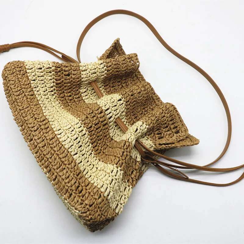 designer bag New Fashion Striped Woven Beach Single-shoulder Tote Straw Closed Women's Crossbody Bucket Bag