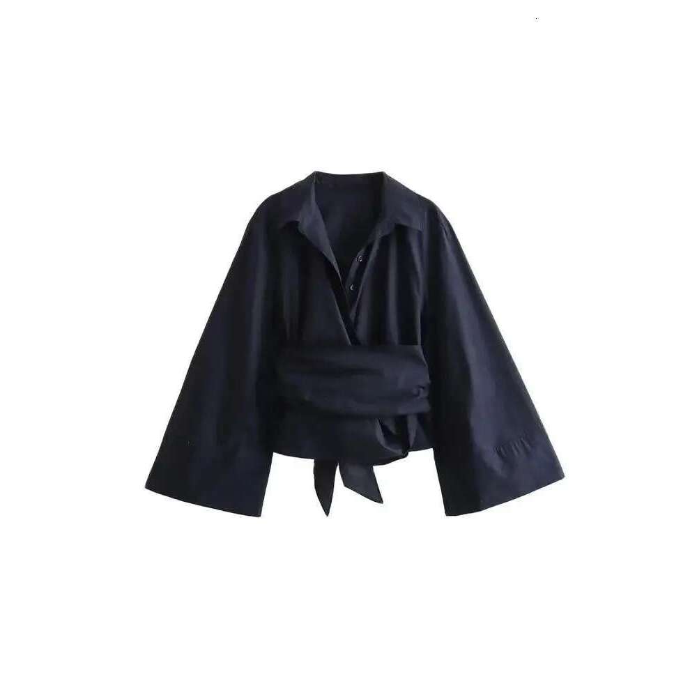 Trza-Women's Long Sleeve Kimono Blouses With Bow Tie, Front Button, Female Shirts, Chic Tops, Fashion