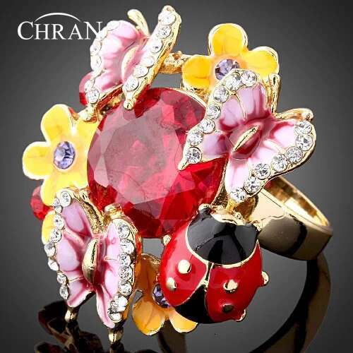 CHRAN Gold Color Ladybug Design Zircon Jewelry Wholesale Crystal Enamel Butterfly Pattern Flower Rings For Women