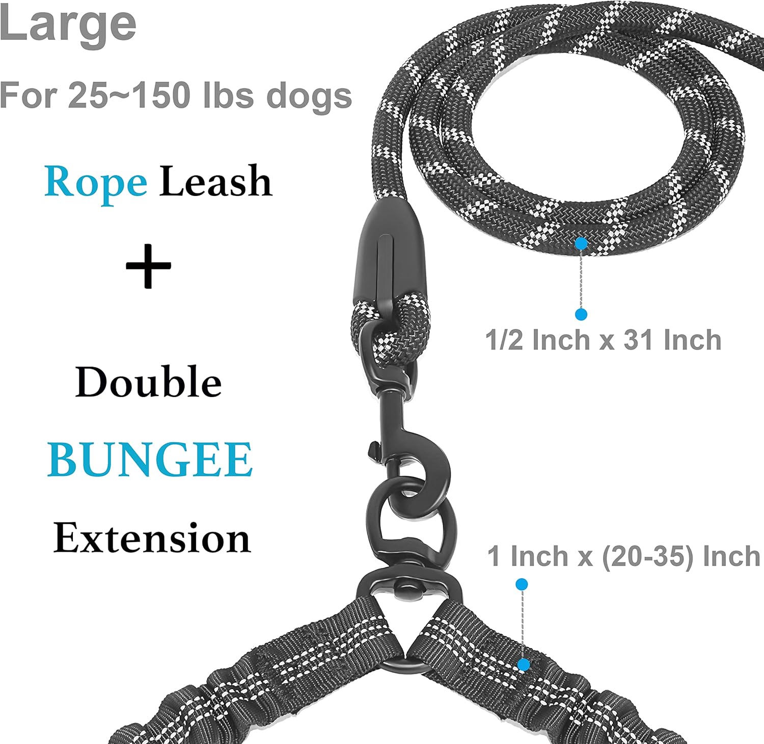 Dual Dog Leash, Double Dog Leash, 360 Swivel No Tangle Walking Leash, Shock Absorbing Bungee for Two Dogs, Medium (8-35 lbs) | Large (25-150 lbs)