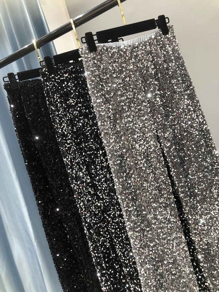 Womens Fashion Trend Sparkling Gold Pants Relaxing Waist Wide Leg Korean Style 250428