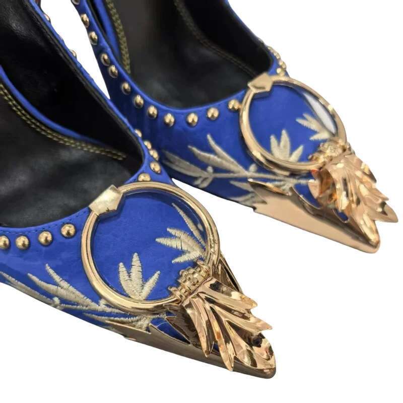 2025Pointed Back Strap Shoes Luxurious Embroidered Brand Designer Women Sandals Metal Toe Ladies High Heels