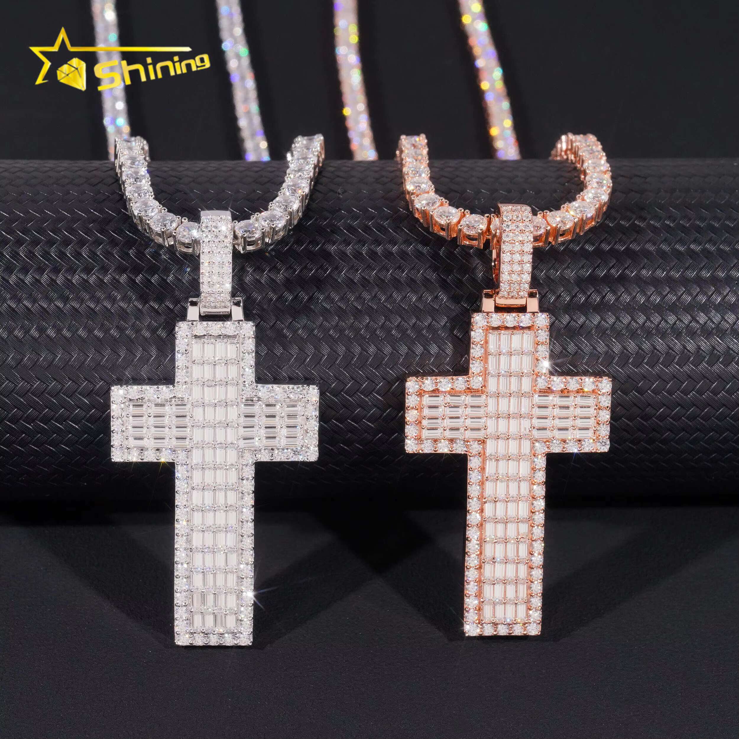 New Baguette Moissanite Cross Pendant 925 Sterling Silver Gold Plated Pass Diamond Tester GRA Moissanite Charms Necklace