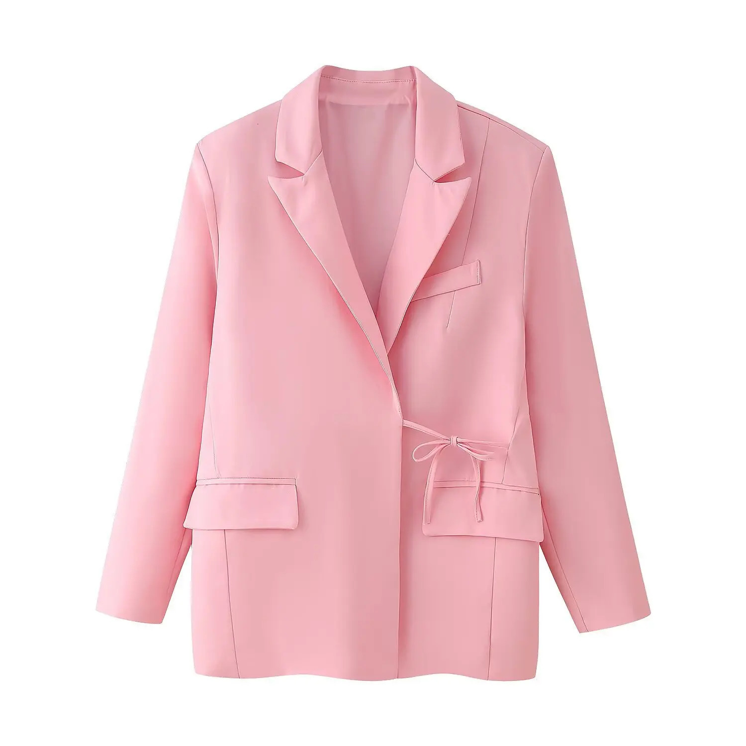 Spring twopiece pants set for office ladies elegant jacketwide leg solid pink lace straight shoulder fashionable womens jacket 250530