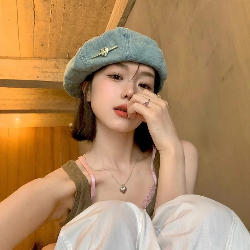 high-quality love denim washed beret childrens edition spring/summer small face show retro painter hat Y2K 250430