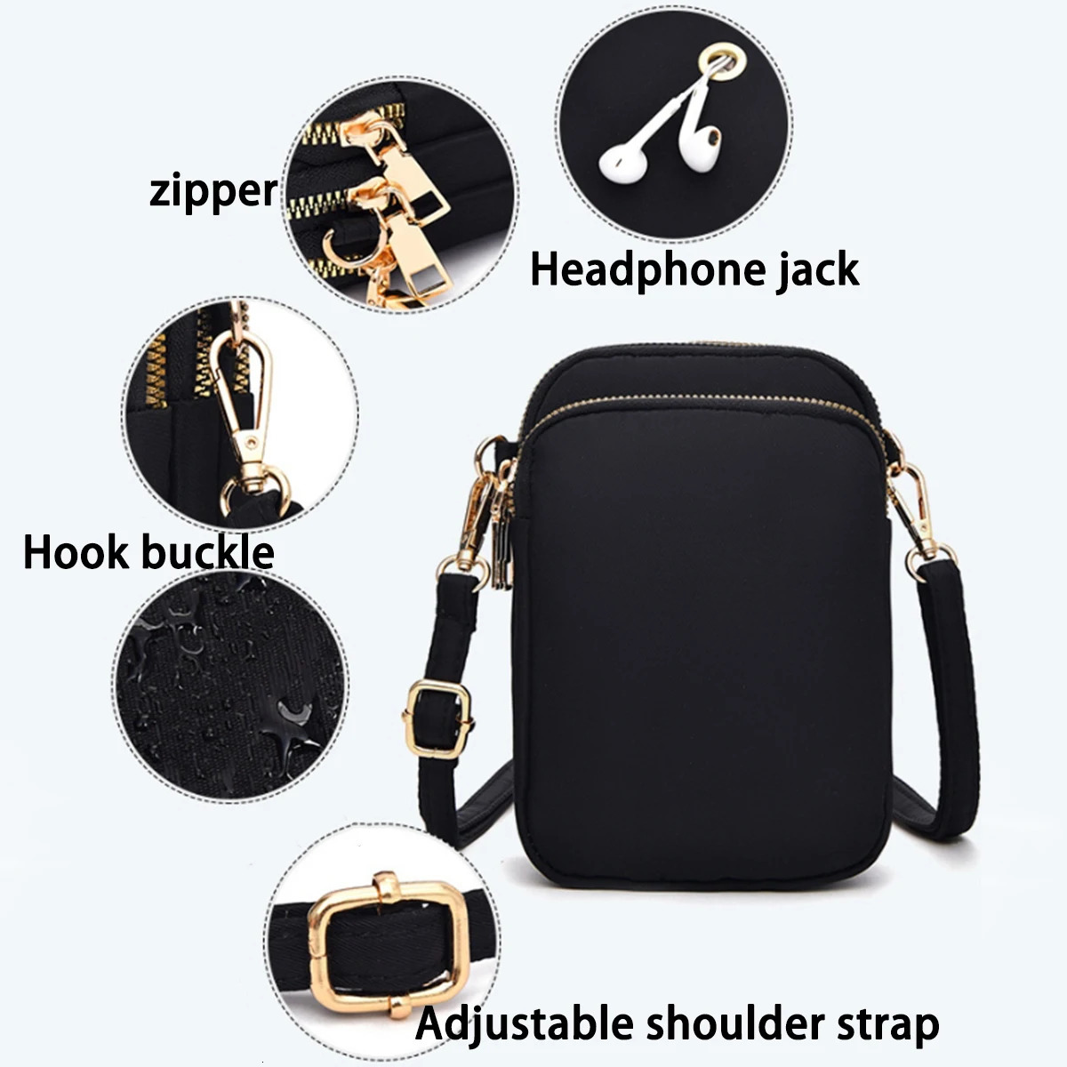 Black nylon lightweight phone bag vertical wallet lightweight 3-layer storage fashionable cross body bag shoulder bag 1 bag 250425