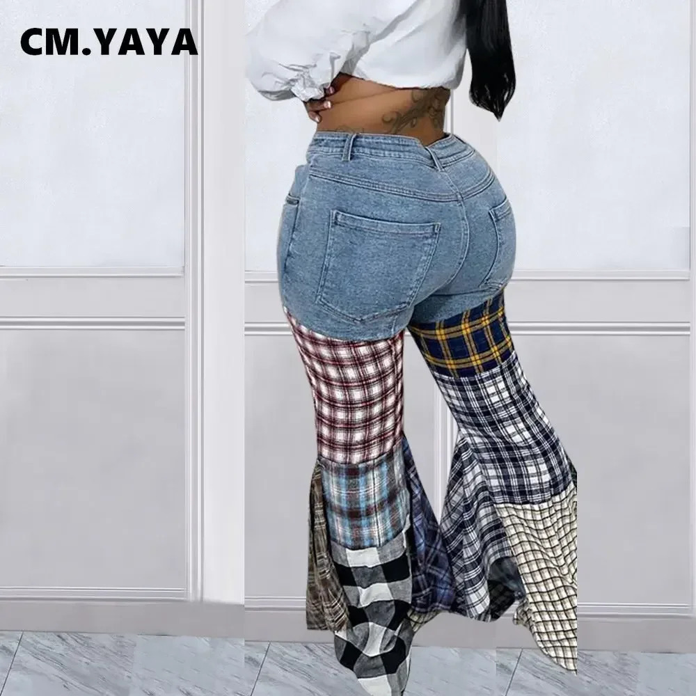 CM.YAYA Womens Colored Plain Patchwork Zipper Fly Flare Jeans Retro INS Fashion Street Clothing Wide Leg Denim Trouers Pants 250423