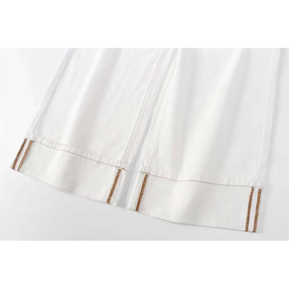 Summer New Women's Clothing With Contrasting Bright Lines And Rolled Hem High Waisted Loose Casual Straight Leg Jeans