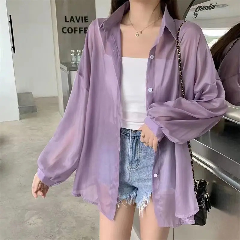 Korean style long sleeved thin sun protection womens summer chiffon shirt jacket air conditioning white top 250422