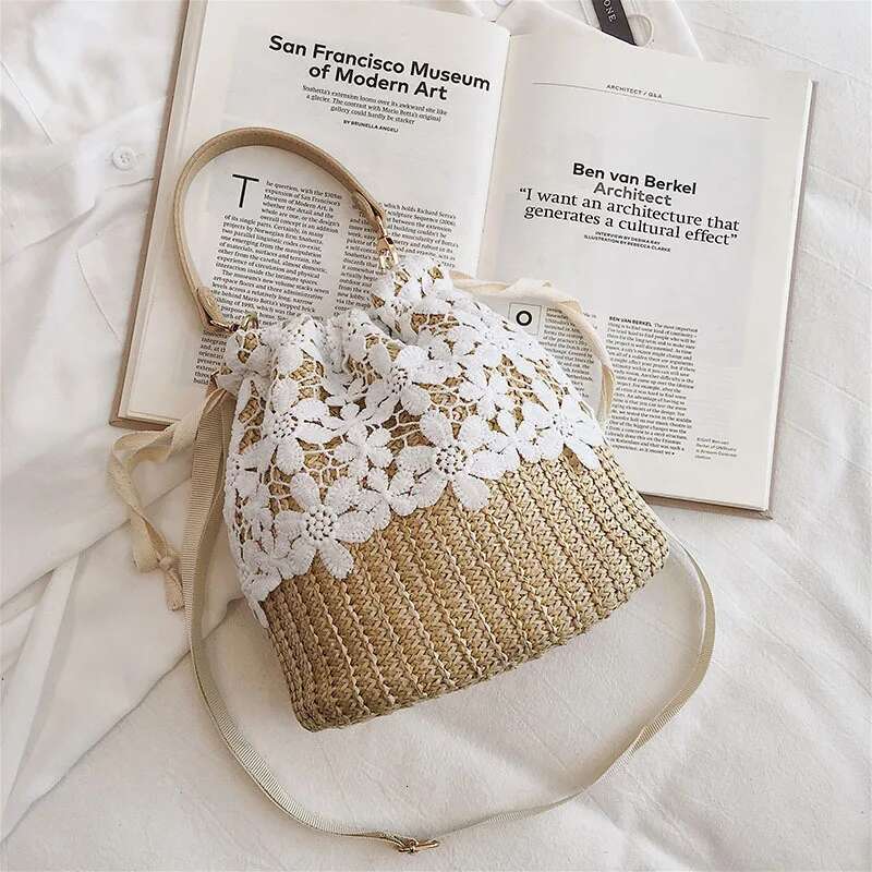 Summer New Ins Fresh Grass Water Bucket Vine Woven Beach Vacation Handbag Crossbody Bag Bag