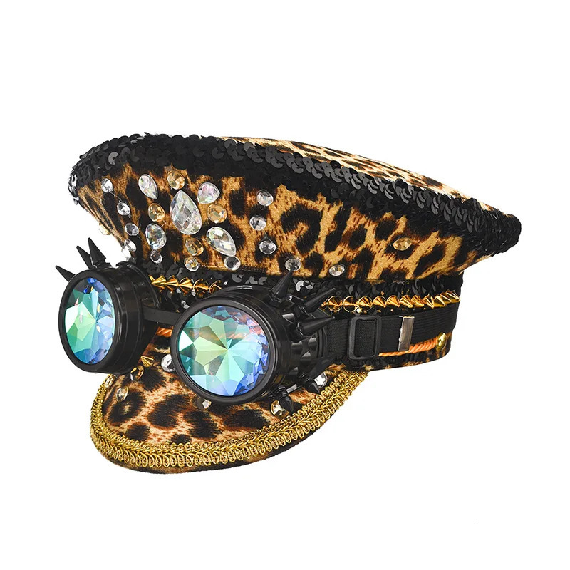 Womens Burning Man/Women Sequin Hats Cosplay Costume Retro Leopard with Glasses Fashion Men Women Handmade Steampunk Top Caps 250430