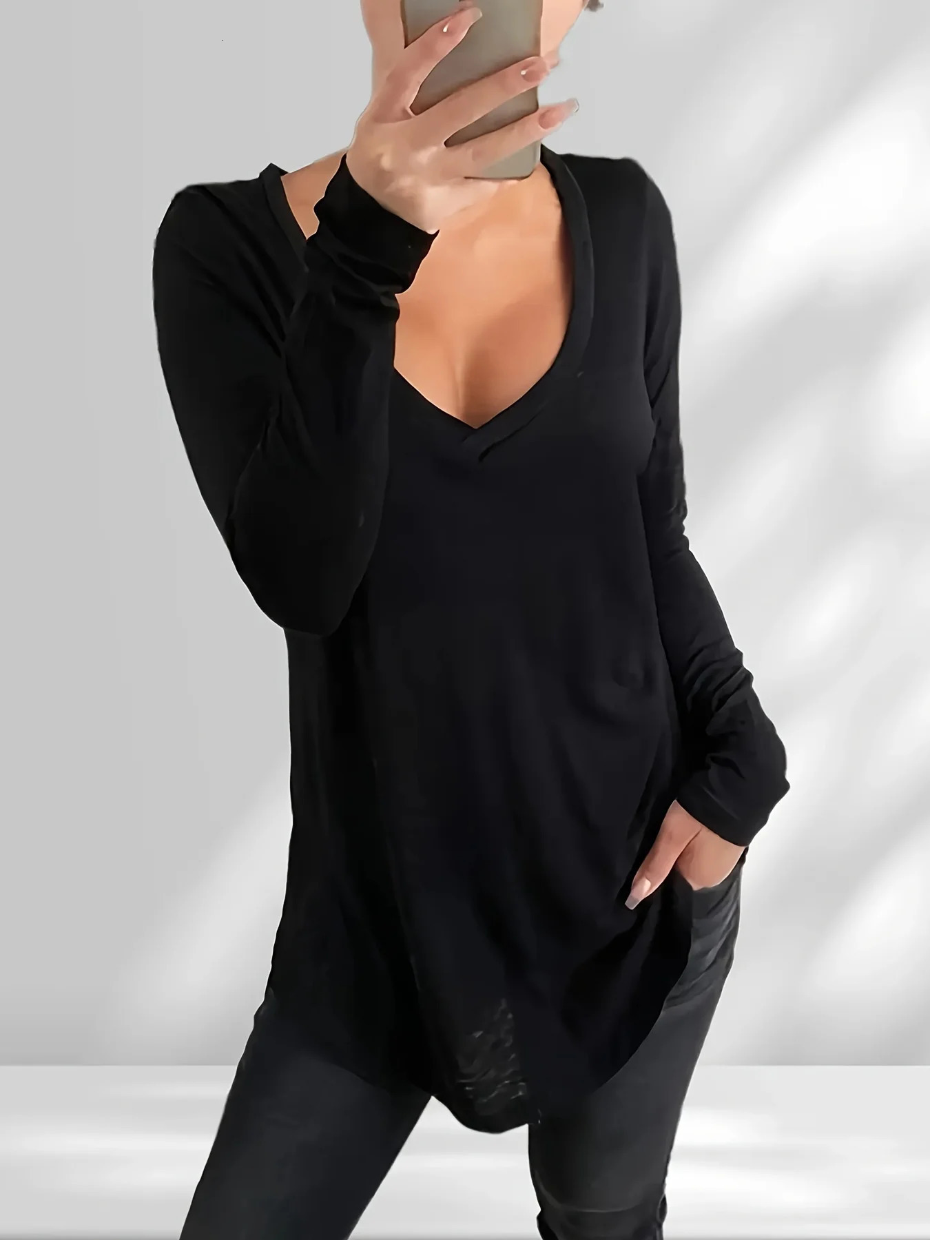 Plus Size Womens Casual Solid V Neck TShirt 250430Z