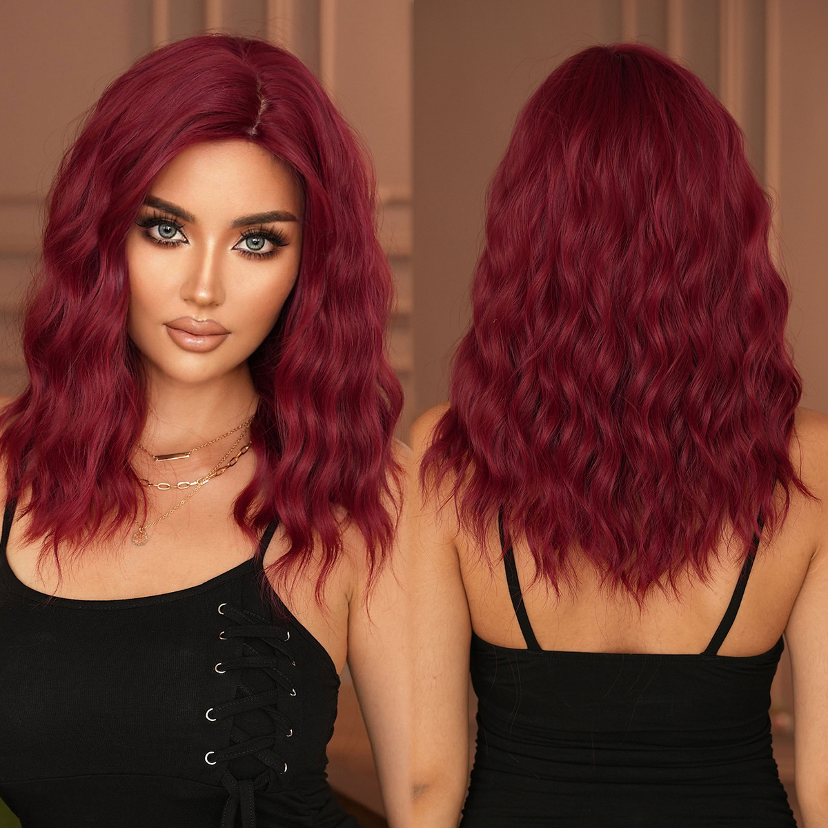 brown Natural wig for women shoulder length curly hair with side parted bangs dyed gold synthetic heat-resistant fiber wig
