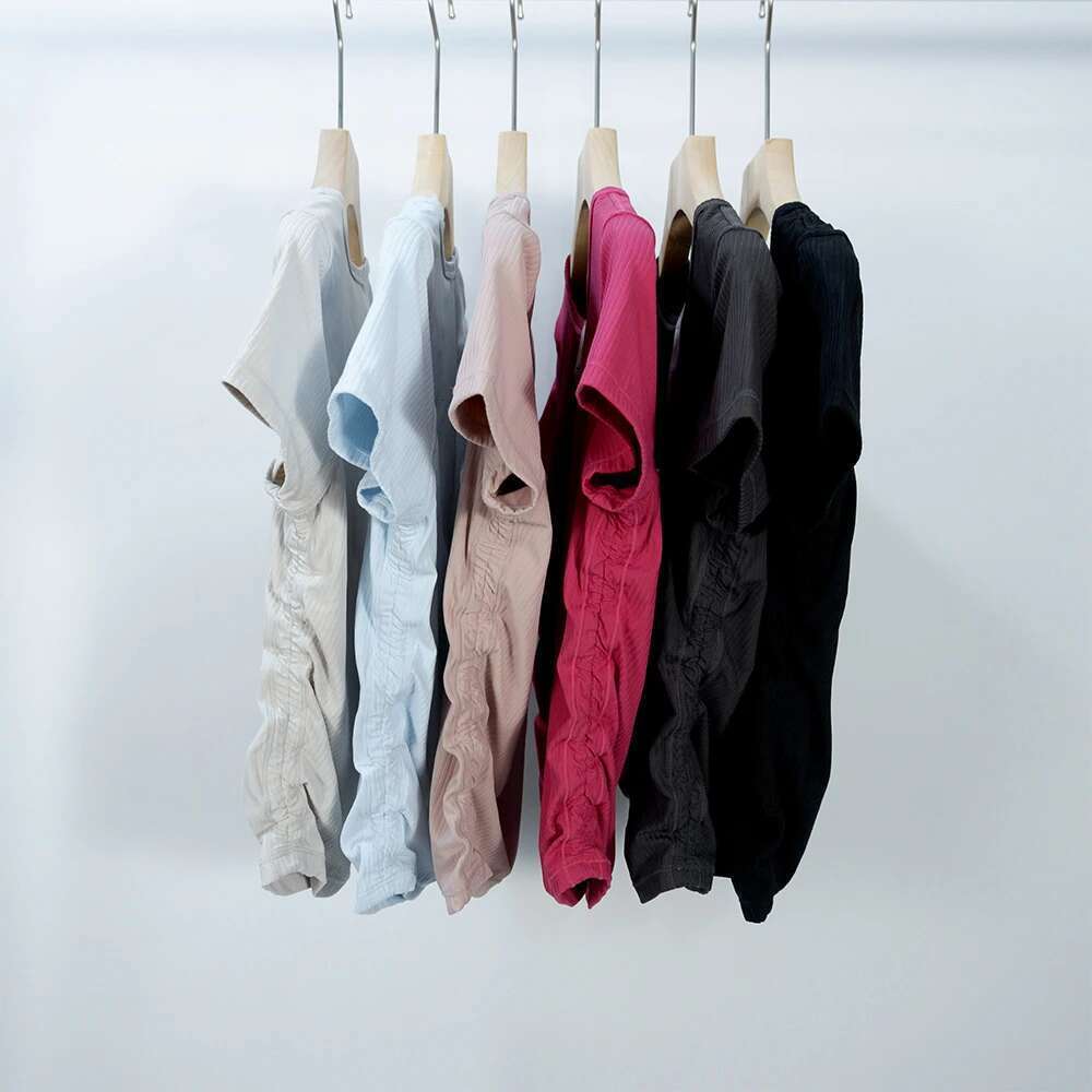 Waist Tied Sleeved Slim Fit Ribbed T-Shirt High Waisted Short Style Quick Drying Yoga Suit Outdoor Sports Summer Round