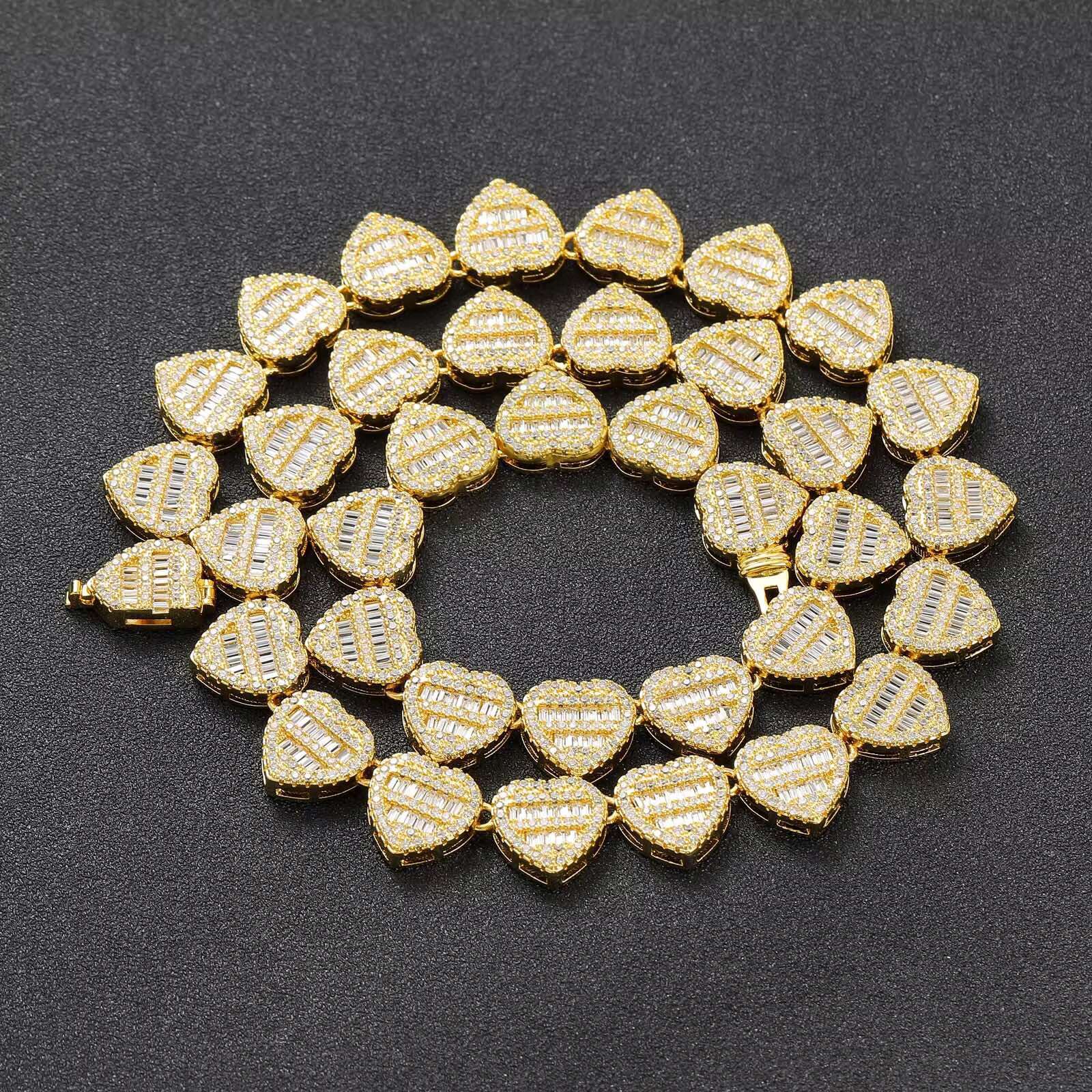 Hip Hop Style 12mm Heart-Shaped Tennis Chain Necklace with Iced Zircon Gold Plated Bracelet Fashion Jewelry for Mens Parties