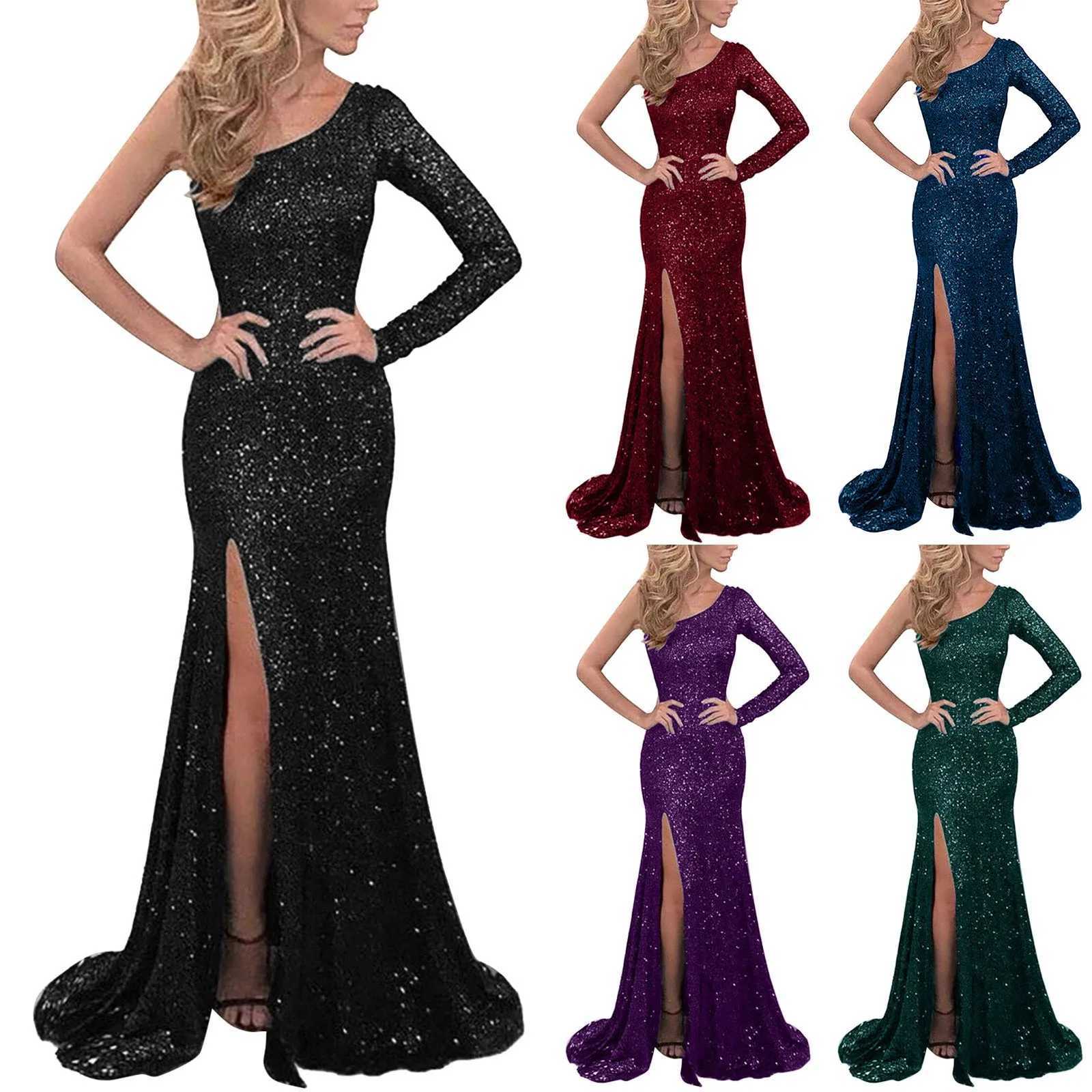 Elegant womens sexy solid color long sleeved single shoulder sequin ultra-thin wedding evening dance slotted long dress vest W250430