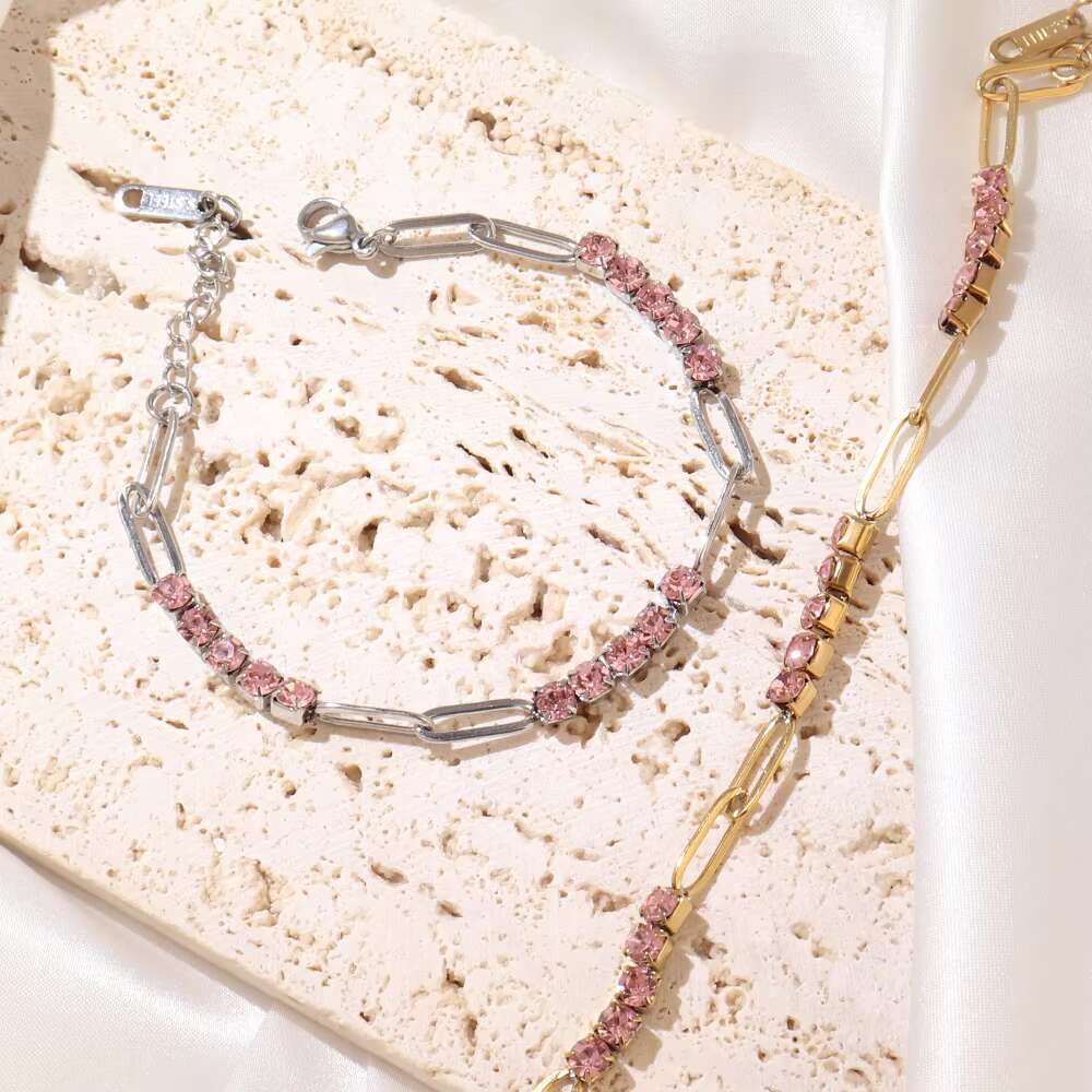 18K Gold Bracelets for Couples Stainless Steel Pink Moissanite Tennis Chain Jewelry Iced Out Moissanite Bracelet Wholesaler