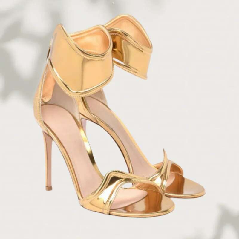 New Wave Ankle Strap Open Toe Hollow Sandals Shiny Back Zipper High Heels Fashion Show Party Women Shoes