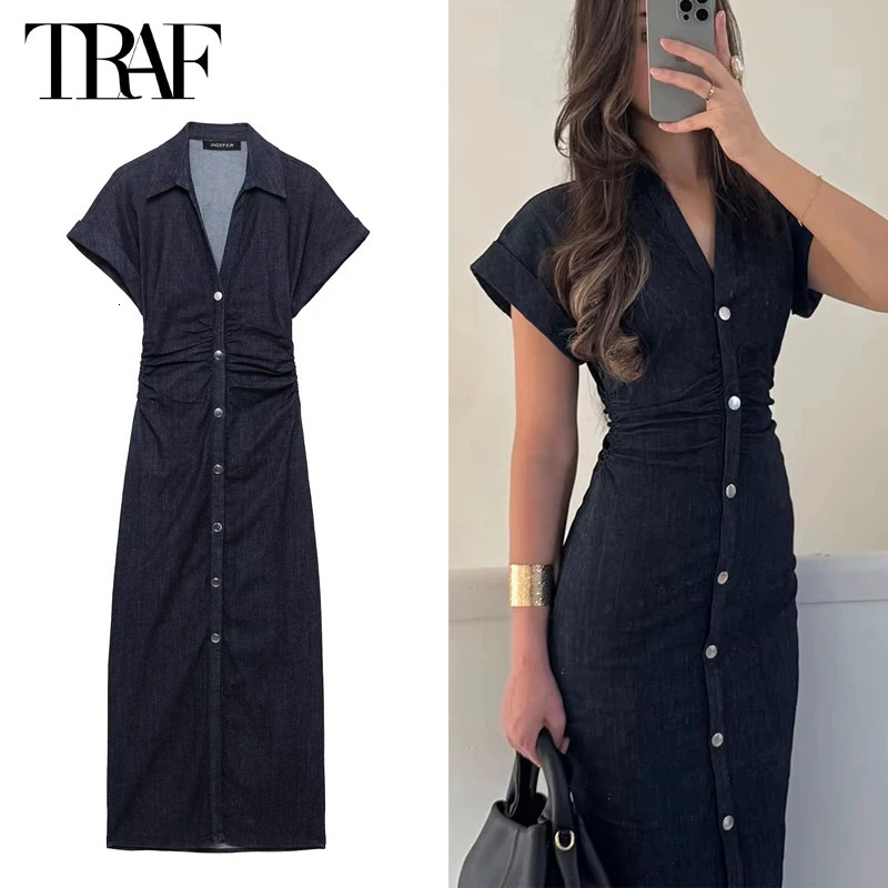 TRAF 2025 Denim Long Dress Woman Button Pleated Midi Dresses for Women Short Sleeve Jeans Womens Dress Spring Holiday Dresses 250421