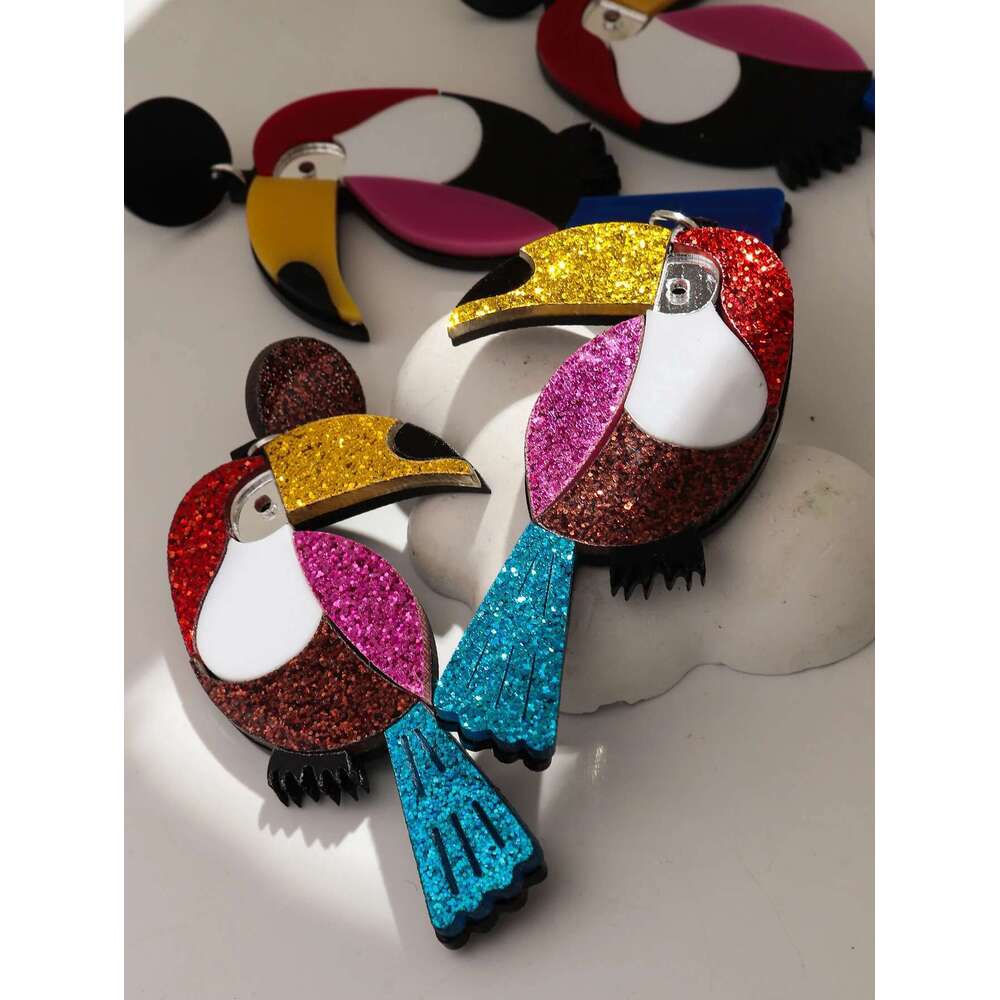 Lovely Glitter Acrylic Spliced Parrot Dangle For Women Creative Colorful Animal Birds Earrings 2024 Trend Jewelry