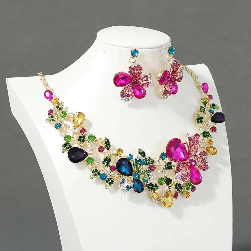 Itacazzo Bride Wedding Colorful Flower Necklace Earring Set Exquisite And Elegant Ladies Suitable For Party Festivals