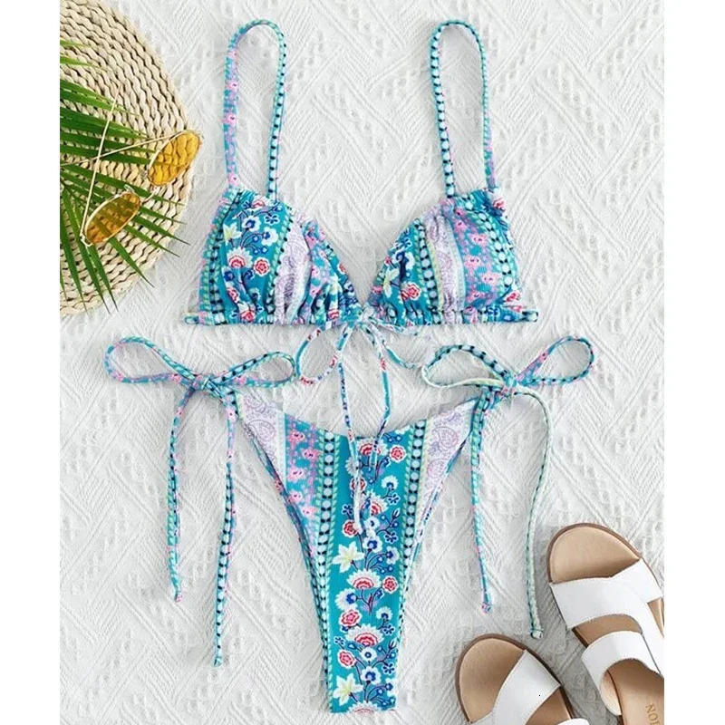 Floral Print String Bandage Bikini Set Swimwear Women Summer Sexy Push Up Bathing Suit Beachwear Halter Biqiuni Swimsuit 250428