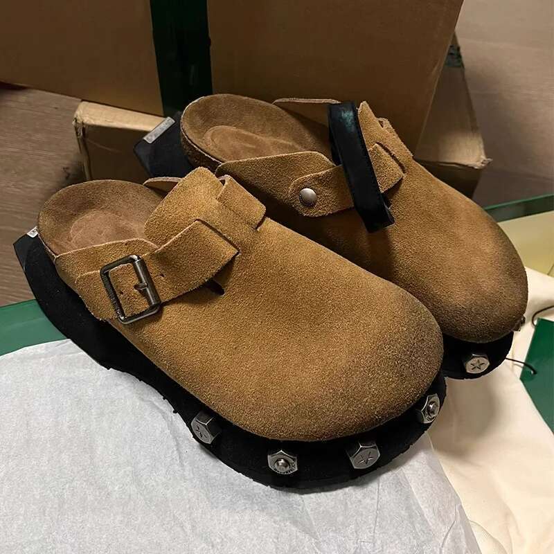 New Rivet Metal Low Woman Cover Toe Big Size Slides Heeled Mules Platform Shoes Rome Sandals Casual Slippers