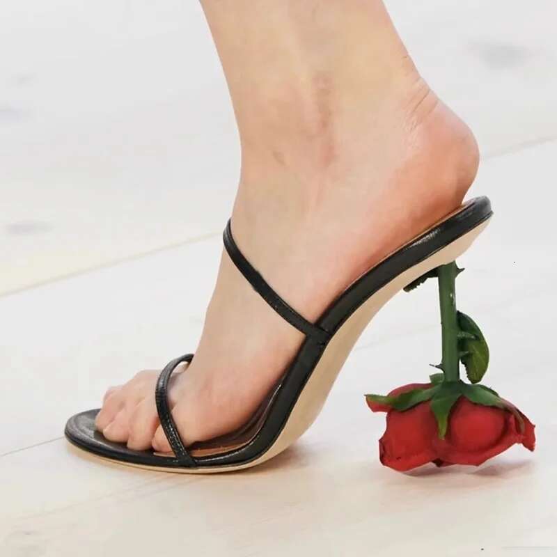 Brand Rose High Heels Thin Strap Sandals Floral Open Toe Women's Slippers Comfortable Casual Shoes Women