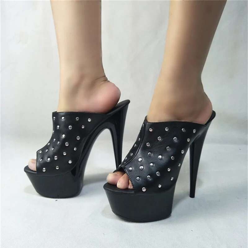 Fish Mouth Thick Soled Heels Metal Slip on Sandals Super High Heel Women Sexy Dance Shoe Slippers Platform Pole Dancing Sh