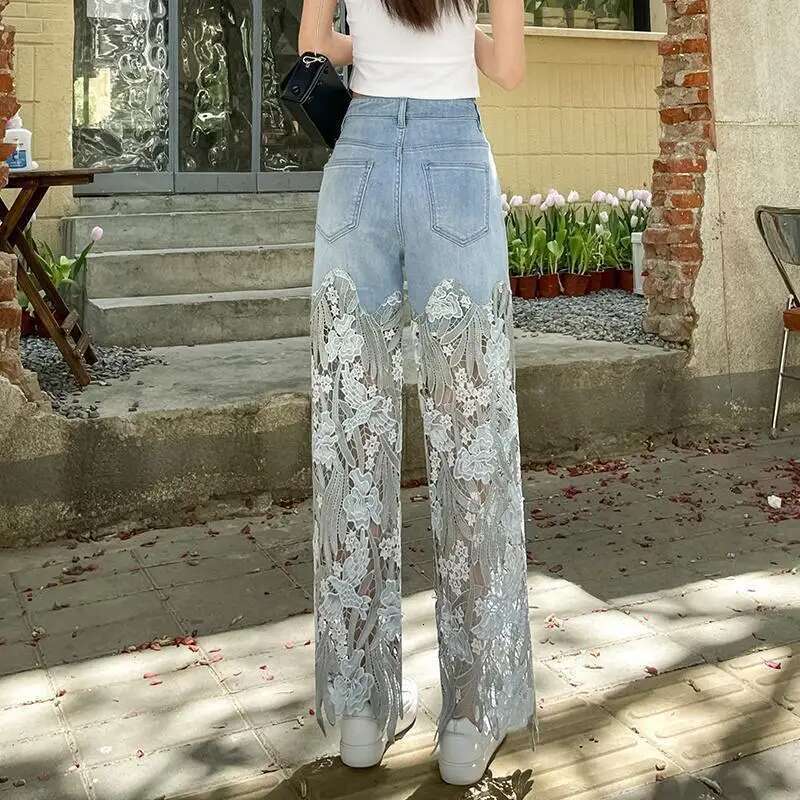 Lace Patchwork Hollow Niche Jeans Women's Summer New Fashion Straight Barrel Slim-fit Retro Casual Loose Denim Long Pants Y2k