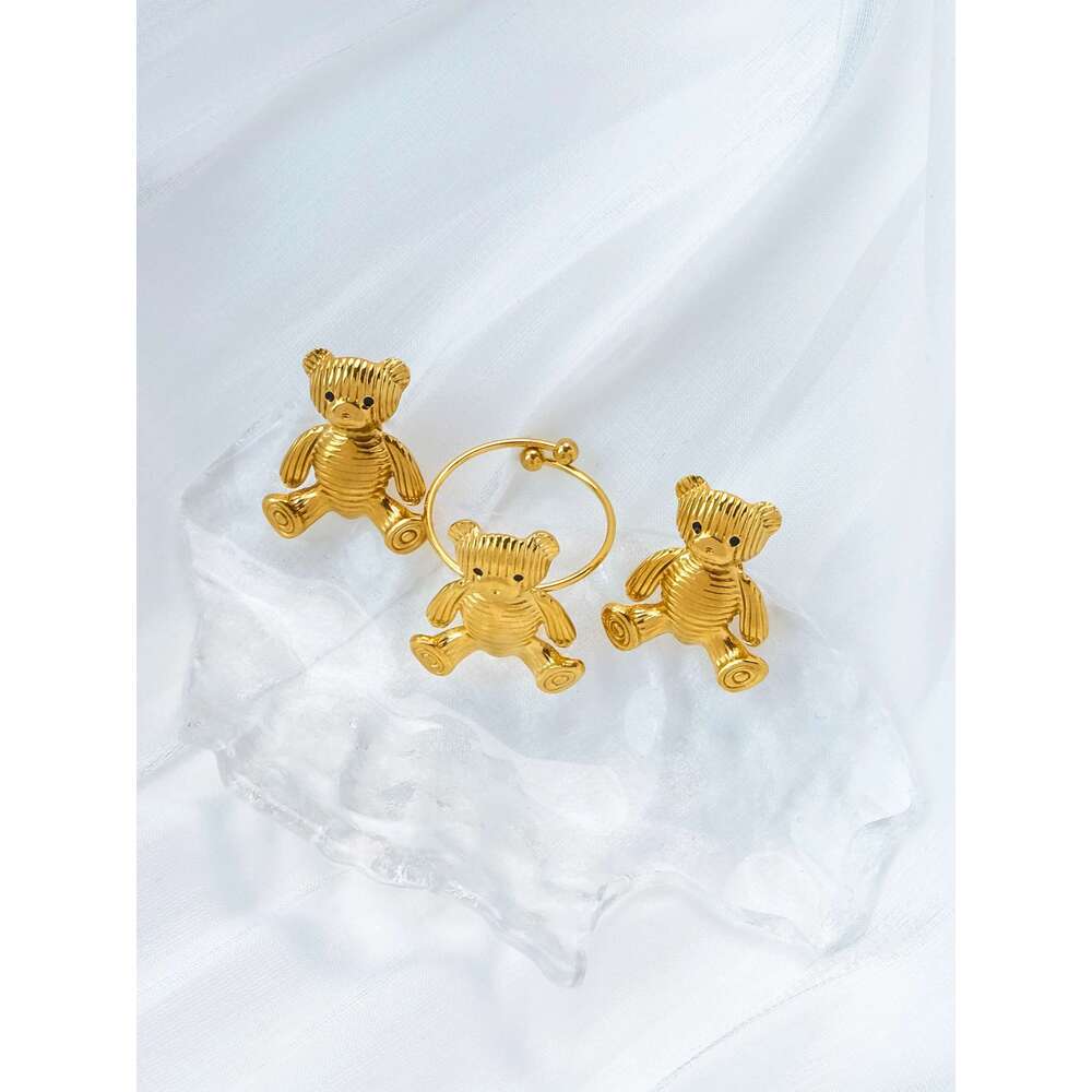 Retro Fashion Cute Retro Stainless Steel Women's Teddy Bear Earring Ring, Party Daily Holiday Gift, Friend Jewelry