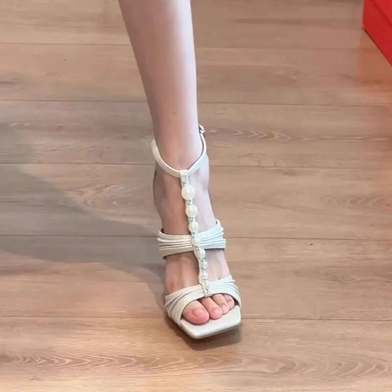Summer new square toe exposed leather wrinkled pearl T-shaped sexy thin high-heeled banquet dress women's sandals